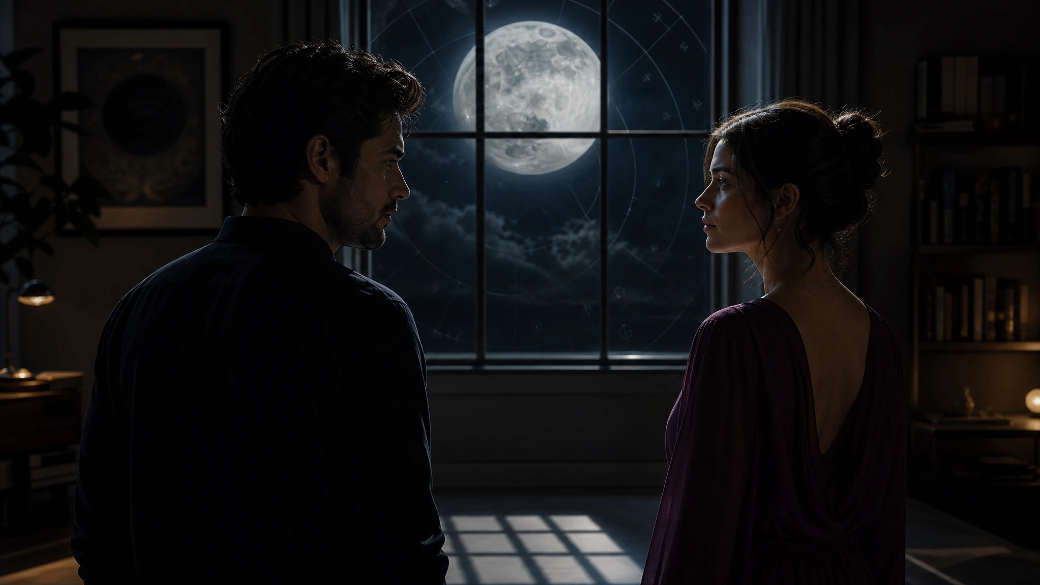 Two adults stand close but apart in moonlight, with a subtle square shadow suggesting emotional tension.