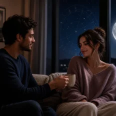 Two adults share a quiet affectionate moment by a moonlit window.