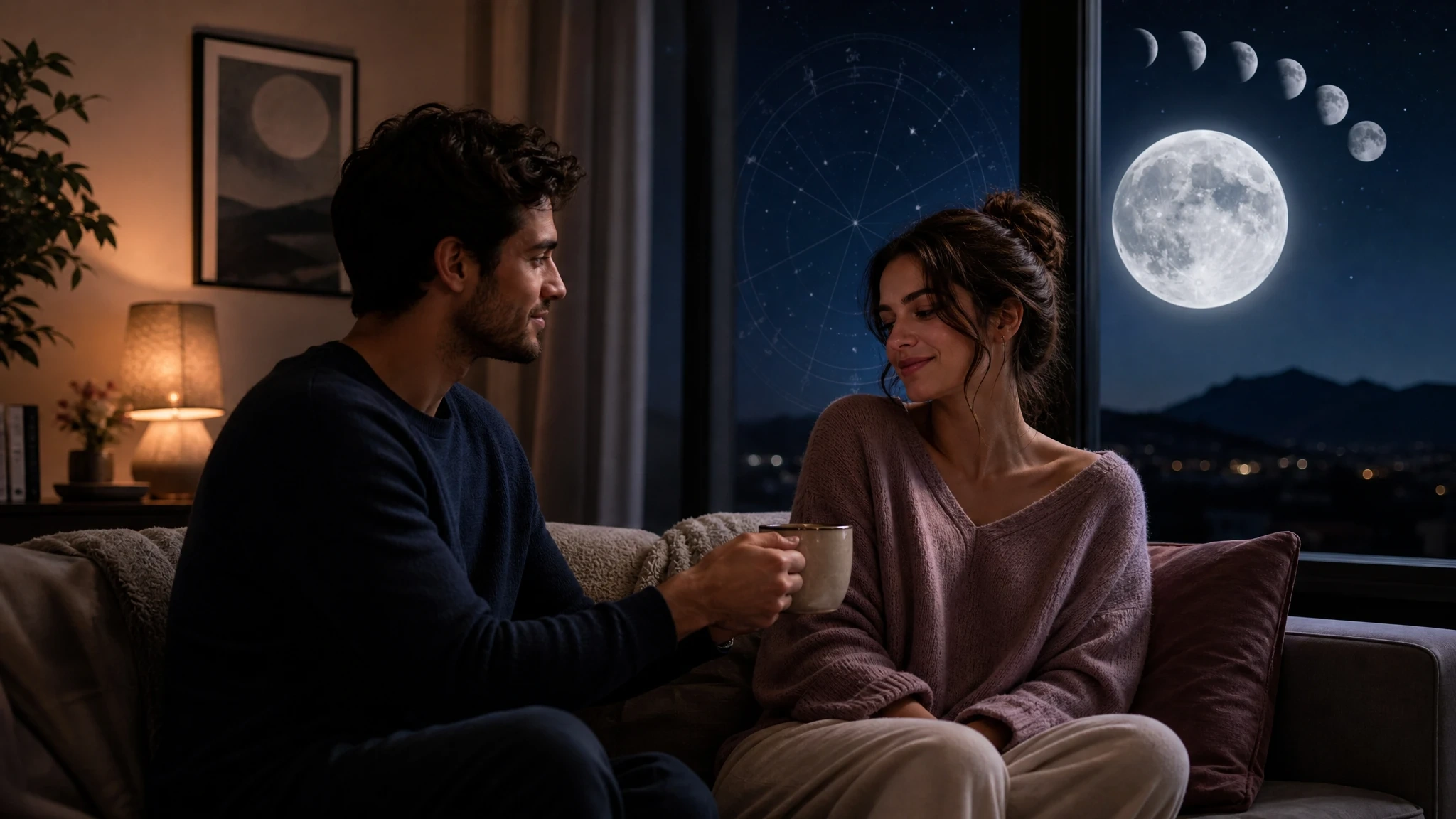 Two adults share a quiet affectionate moment by a moonlit window.