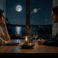 Two adults sit across a moonlit table, separated by shadows and a subtle Saturn reflection.