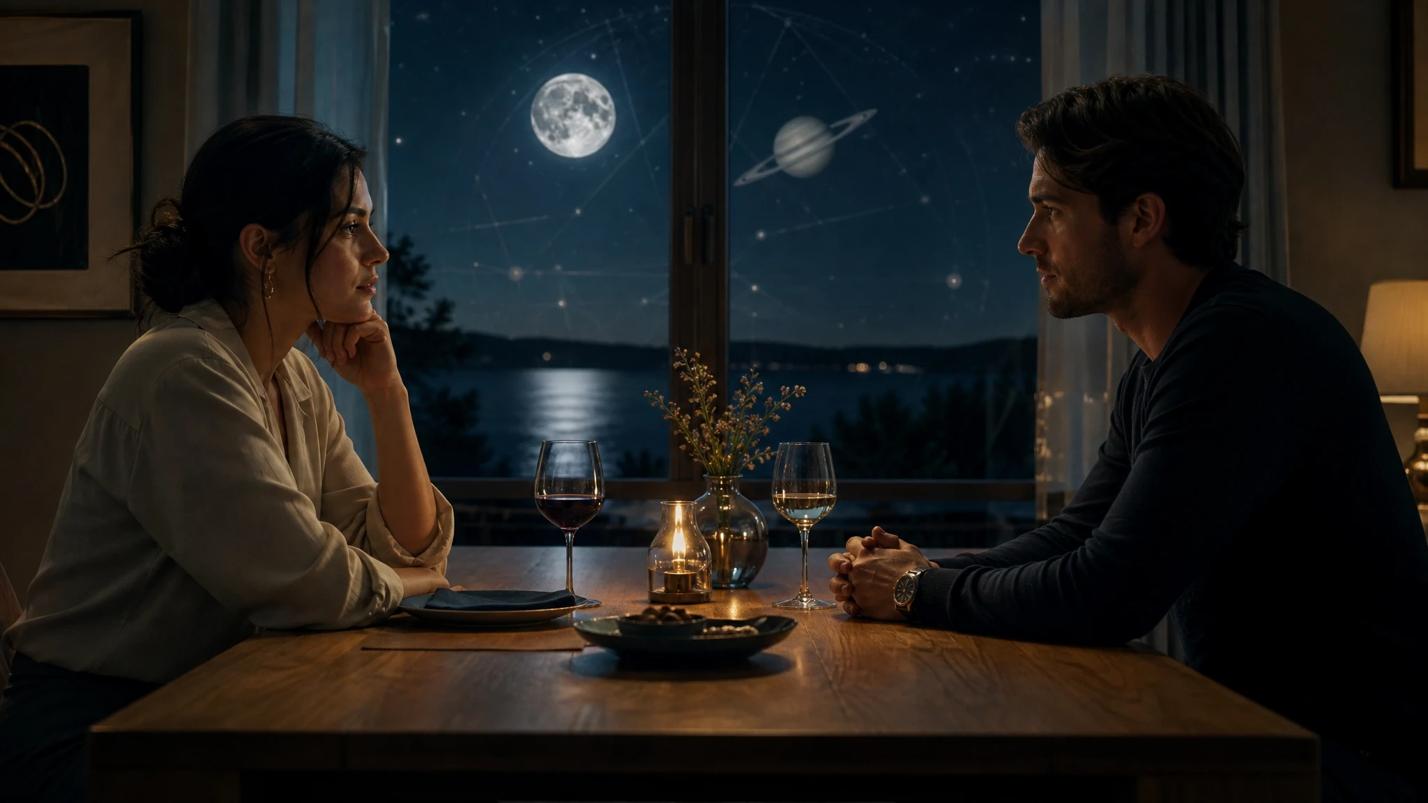 Two adults sit across a moonlit table, separated by shadows and a subtle Saturn reflection.