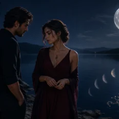 Two people stand close by moonlit water, suggesting Scorpio’s magnetic but guarded soulmate bond.
