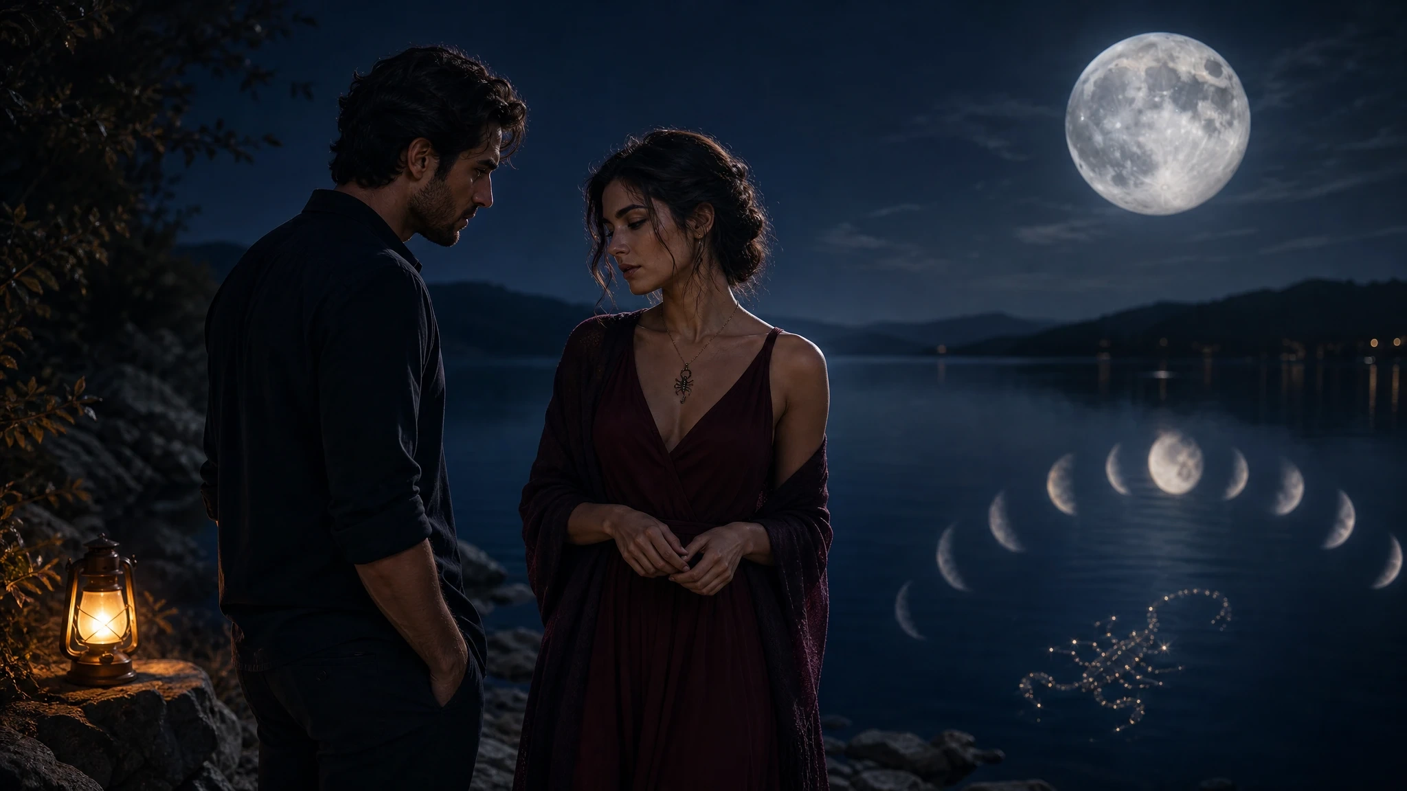 Two people stand close by moonlit water, suggesting Scorpio’s magnetic but guarded soulmate bond.