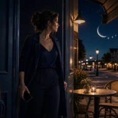 A woman steps from a dim room toward a moonlit café with an empty chair waiting outside.
