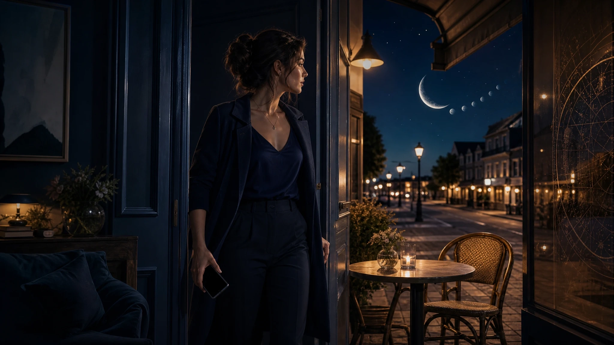 A woman steps from a dim room toward a moonlit café with an empty chair waiting outside.