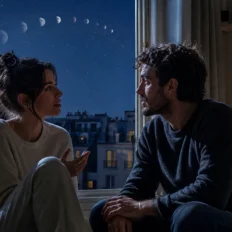 Two adults share a quiet moonlit conversation beside a window.