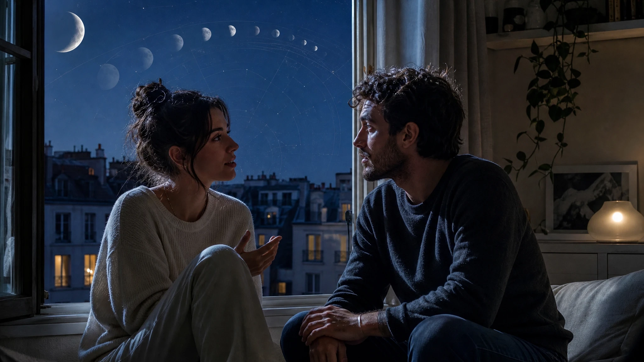 Two adults share a quiet moonlit conversation beside a window.