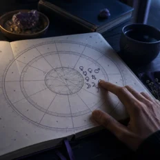 An open birth-chart notebook under moonlight with one crowded chart section highlighted by a nearby hand.