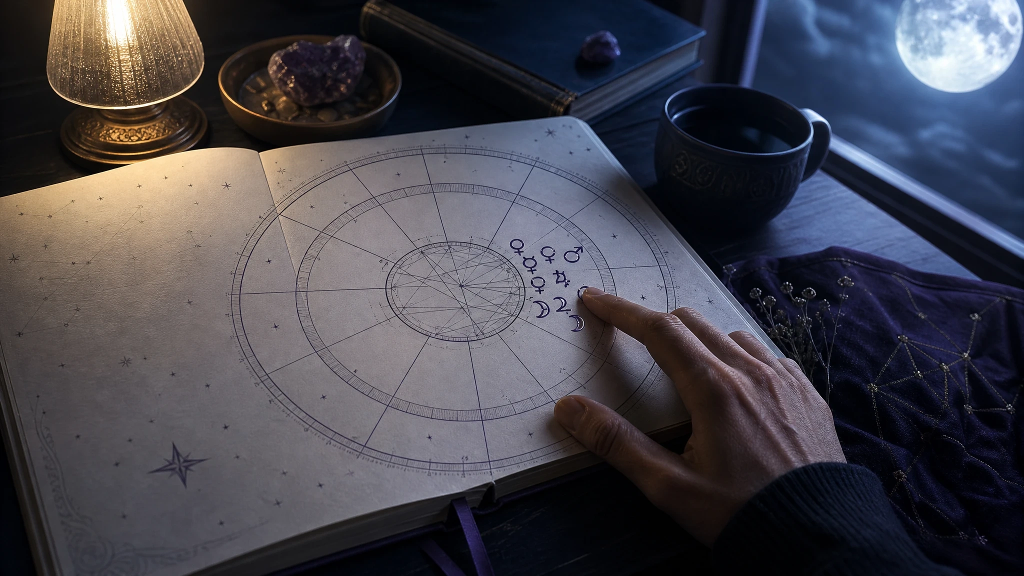 An open birth-chart notebook under moonlight with one crowded chart section highlighted by a nearby hand.