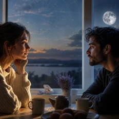 Two people seated close together in overlapping sunlight and moonlight, suggesting familiar emotional recognition in Sun conjunct Moon synastry.