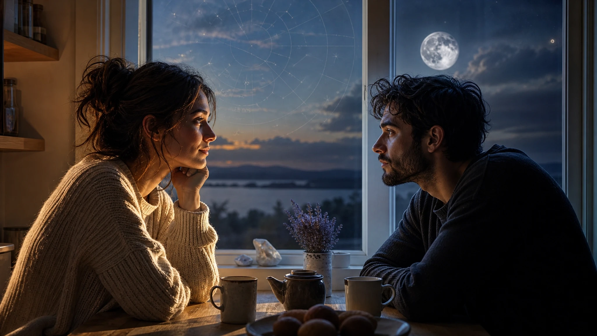 Two people seated close together in overlapping sunlight and moonlight, suggesting familiar emotional recognition in Sun conjunct Moon synastry.