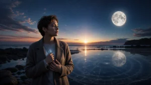Reflective person at a twilight shoreline with sunlight, moonlight, and subtle natal chart reflections representing the Sun, Moon, and rising signs.