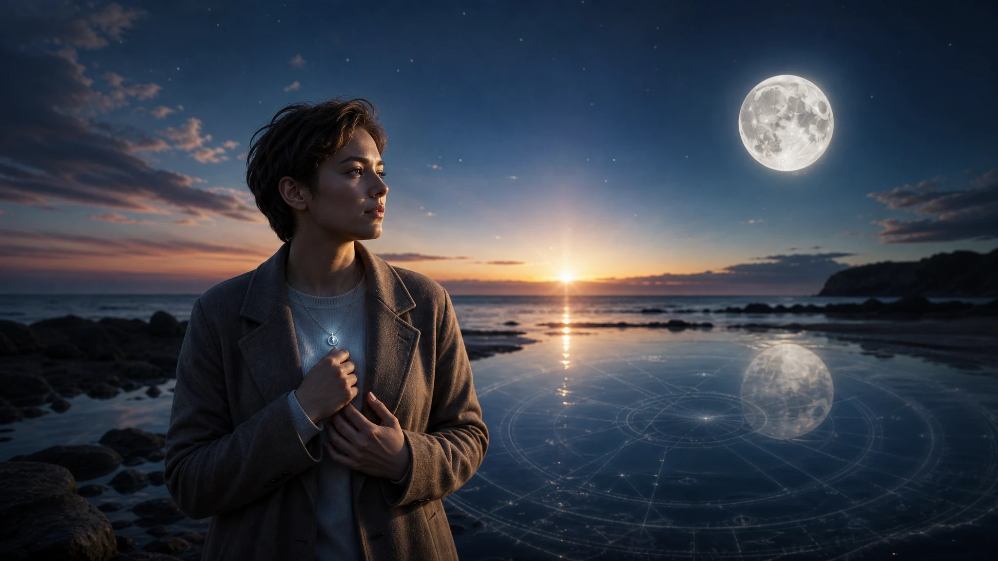 Reflective person at a twilight shoreline with sunlight, moonlight, and subtle natal chart reflections representing the Sun, Moon, and rising signs.