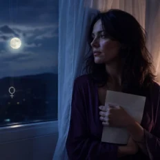 A solitary person holds an unsent letter by a moonlit curtained window, symbolizing hidden love and Venus in the 12th house.