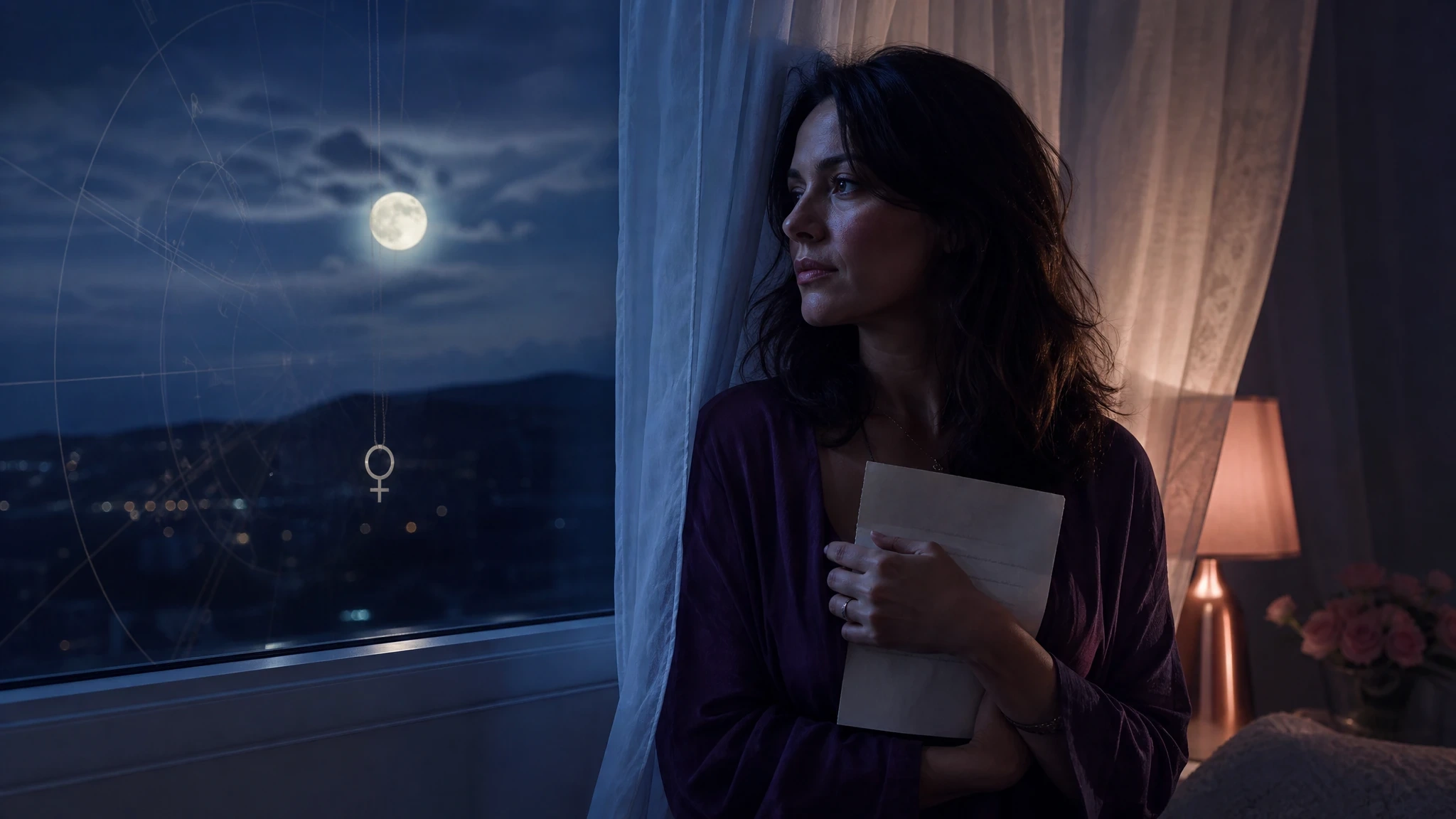 A solitary person holds an unsent letter by a moonlit curtained window, symbolizing hidden love and Venus in the 12th house.