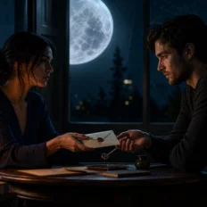 Two adults sit close in a moonlit room as one offers a sealed letter and key, suggesting private trust and deep intimacy.