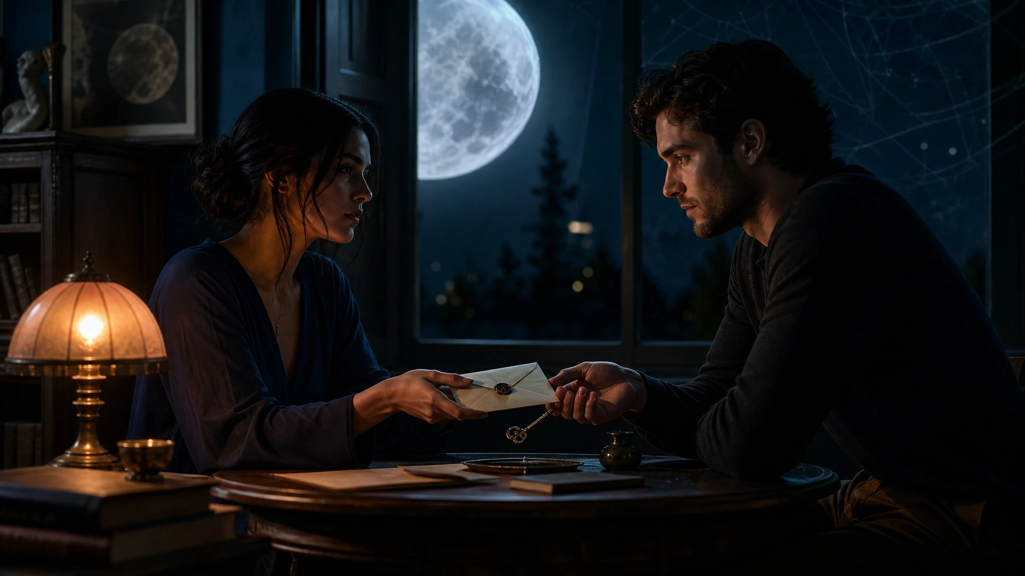 Two adults sit close in a moonlit room as one offers a sealed letter and key, suggesting private trust and deep intimacy.
