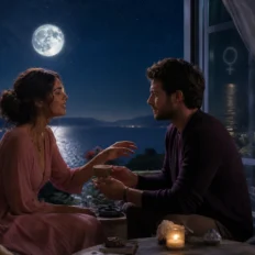 Two people share different gestures of affection under moonlight with subtle Venus astrology symbolism.