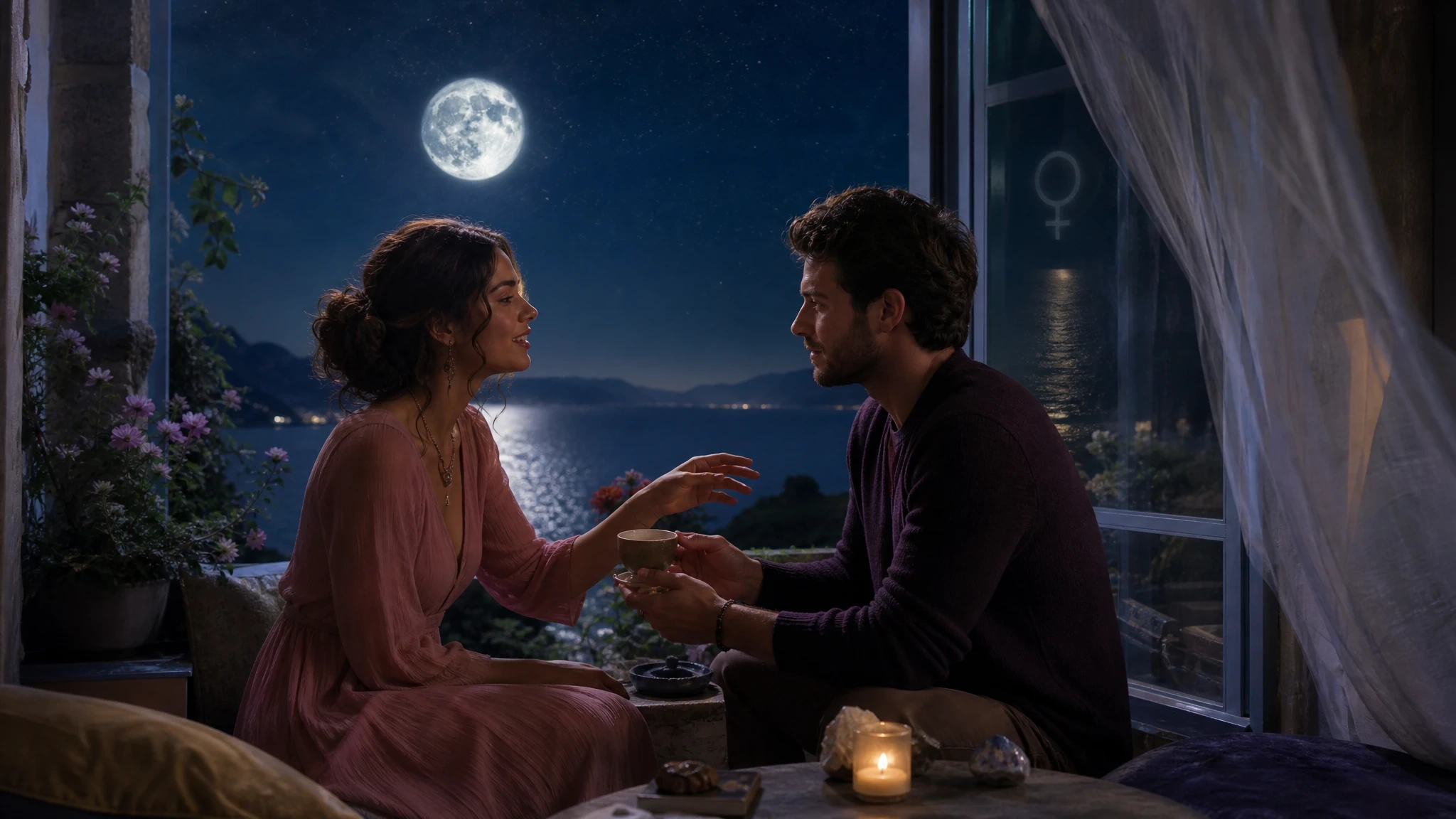 Two people share different gestures of affection under moonlight with subtle Venus astrology symbolism.