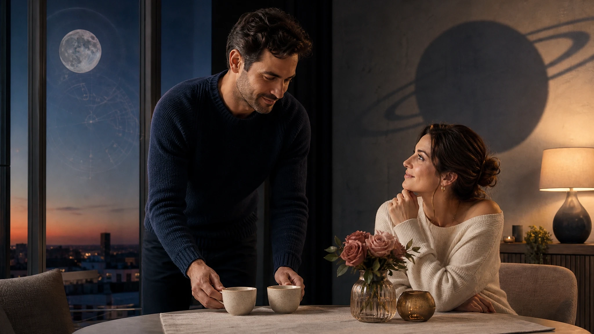 A couple shares a quiet moonlit moment at home, suggesting steady and dependable love.
