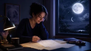 Person studying birth details and a natal chart by moonlight.