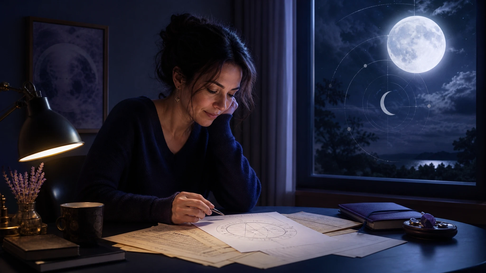 Person studying birth details and a natal chart by moonlight.