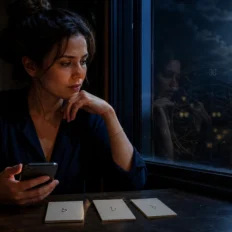 Reflective person at a moonlit café table noticing repeated zodiac sign symbols.
