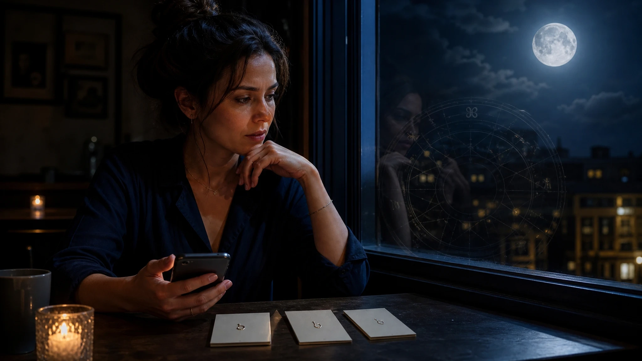 Reflective person at a moonlit café table noticing repeated zodiac sign symbols.