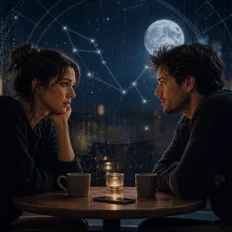 Two people facing each other in moonlight with subtle astrology lines between them.