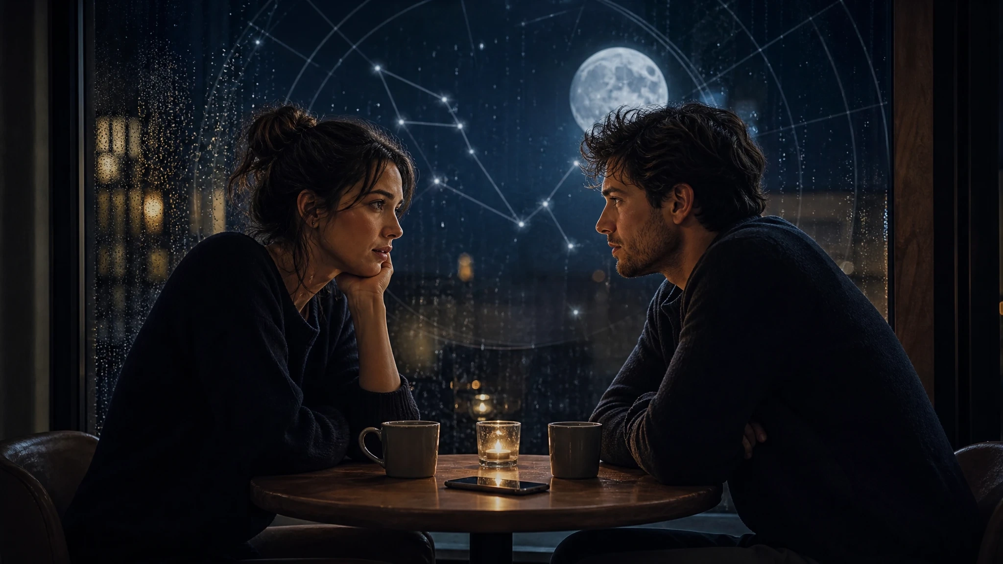 Two people facing each other in moonlight with subtle astrology lines between them.