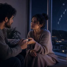 Two people exchange practical care and emotional connection in a moonlit room with subtle astrology symbols.