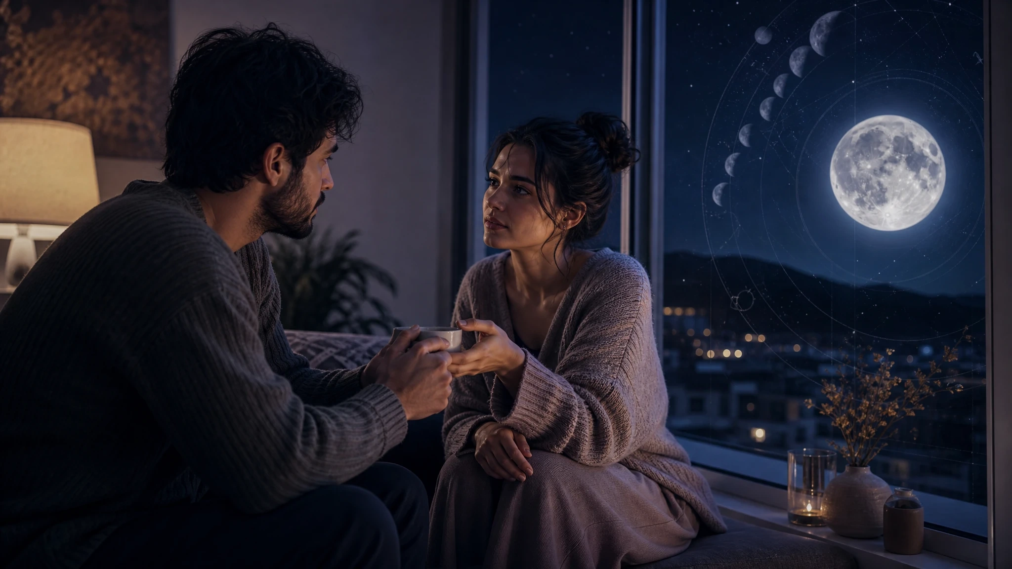 Two people exchange practical care and emotional connection in a moonlit room with subtle astrology symbols.