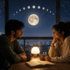 Two people sitting close together under moonlight with subtle zodiac constellations in the window.