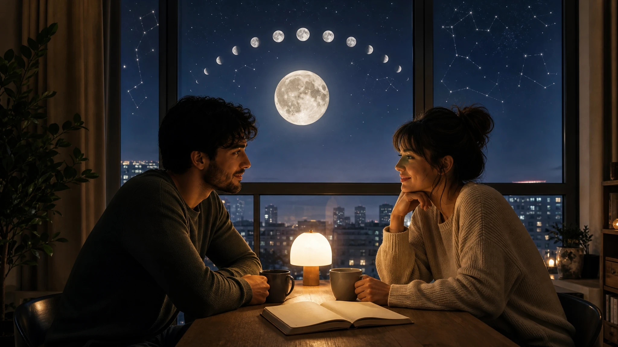 Two people sitting close together under moonlight with subtle zodiac constellations in the window.