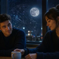 Two people in a moonlit café sharing an uncertain romantic glance.