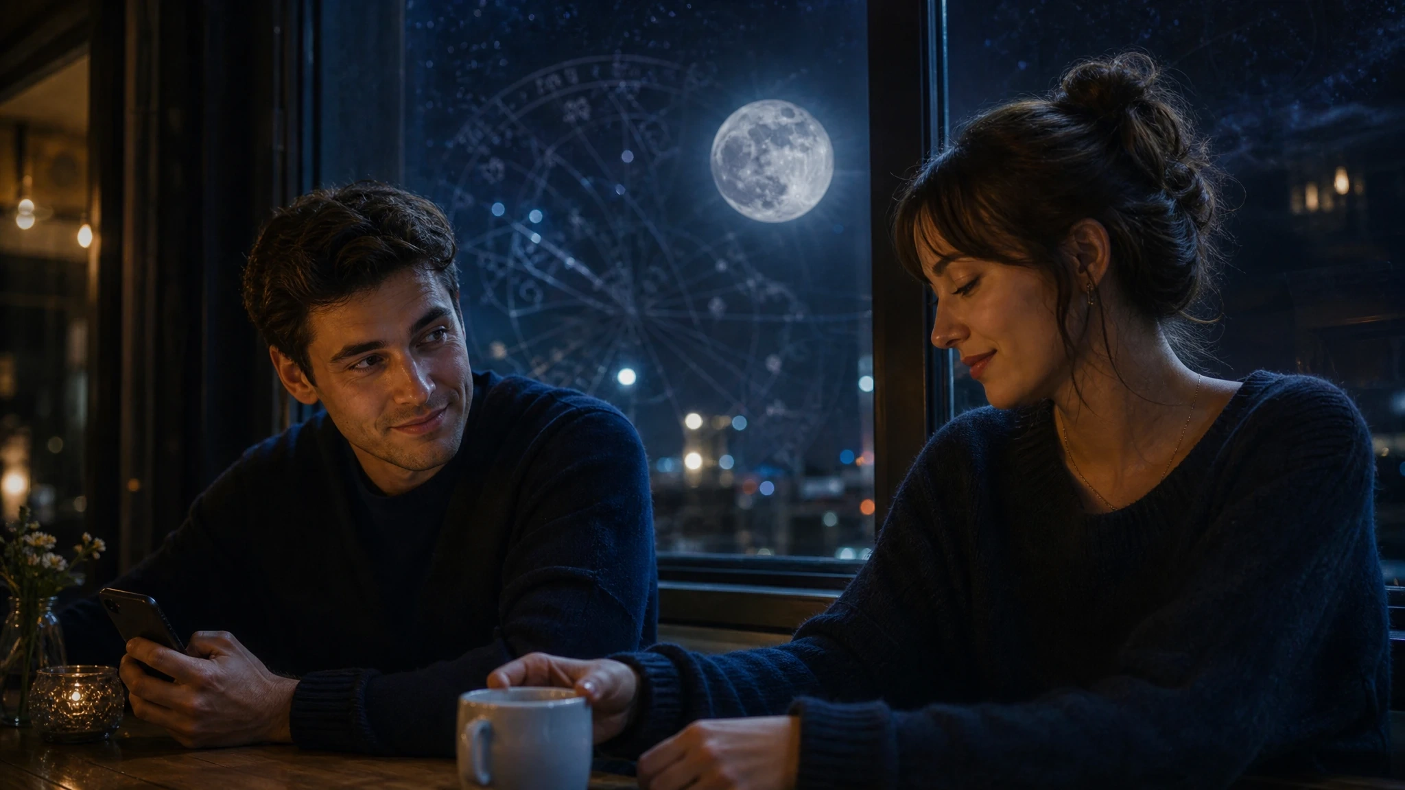 Two people in a moonlit café sharing an uncertain romantic glance.