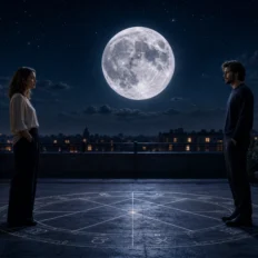 Two people face each other beneath a full moon with subtle zodiac-axis lines between them.