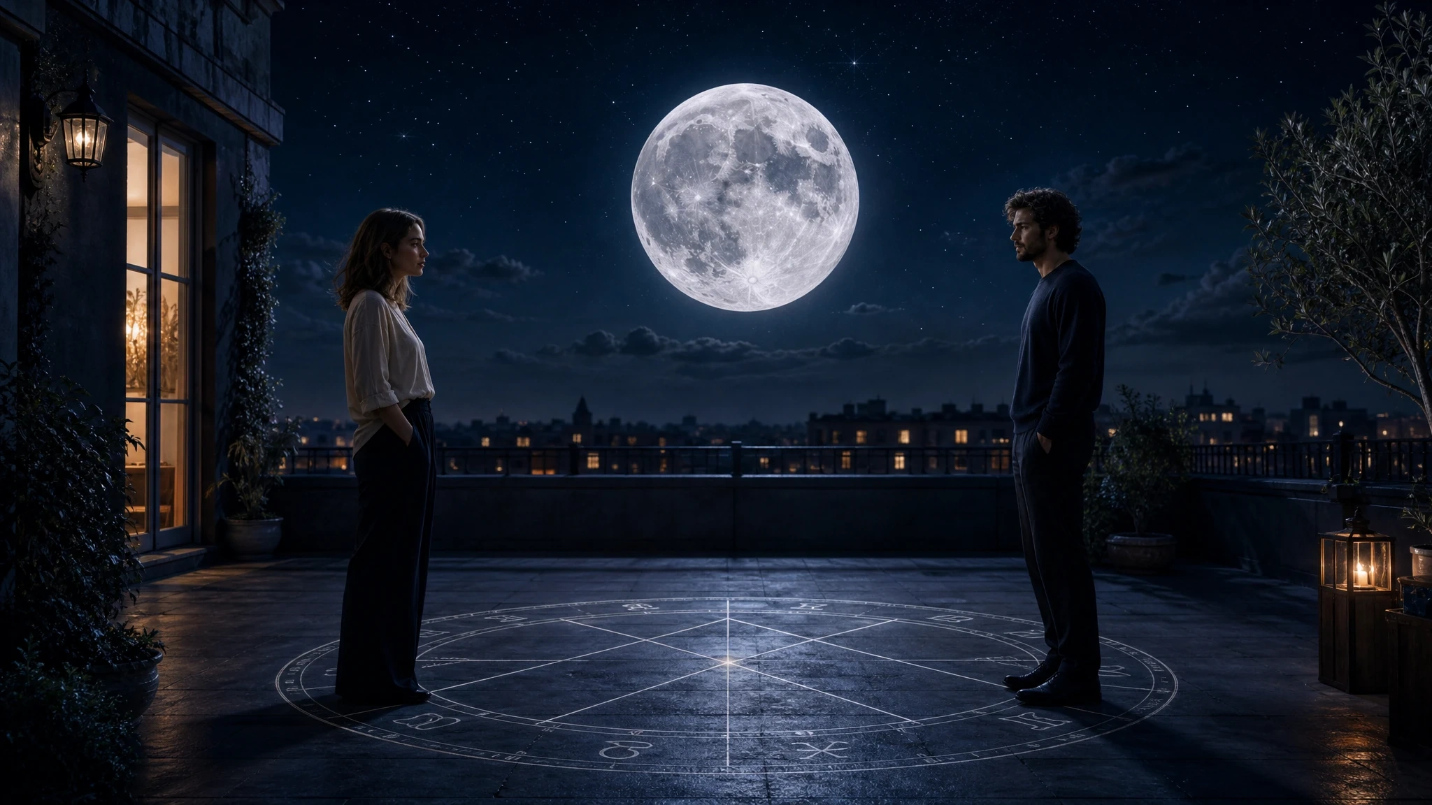 Two people face each other beneath a full moon with subtle zodiac-axis lines between them.