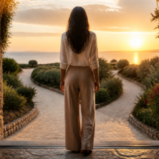 A poised person at a threshold looks toward a hopeful path, symbolizing balanced openness in a new relationship.