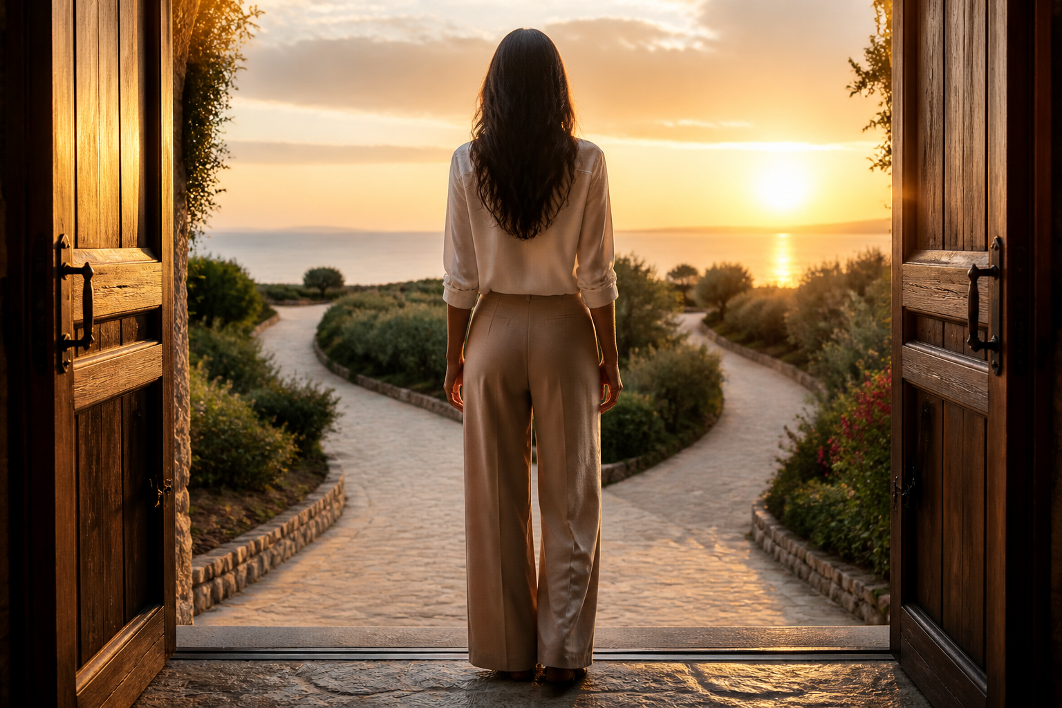 A poised person at a threshold looks toward a hopeful path, symbolizing balanced openness in a new relationship.