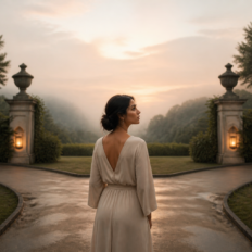 An elegant adult pauses thoughtfully between two softly reflected paths, symbolizing patience and balance in love.