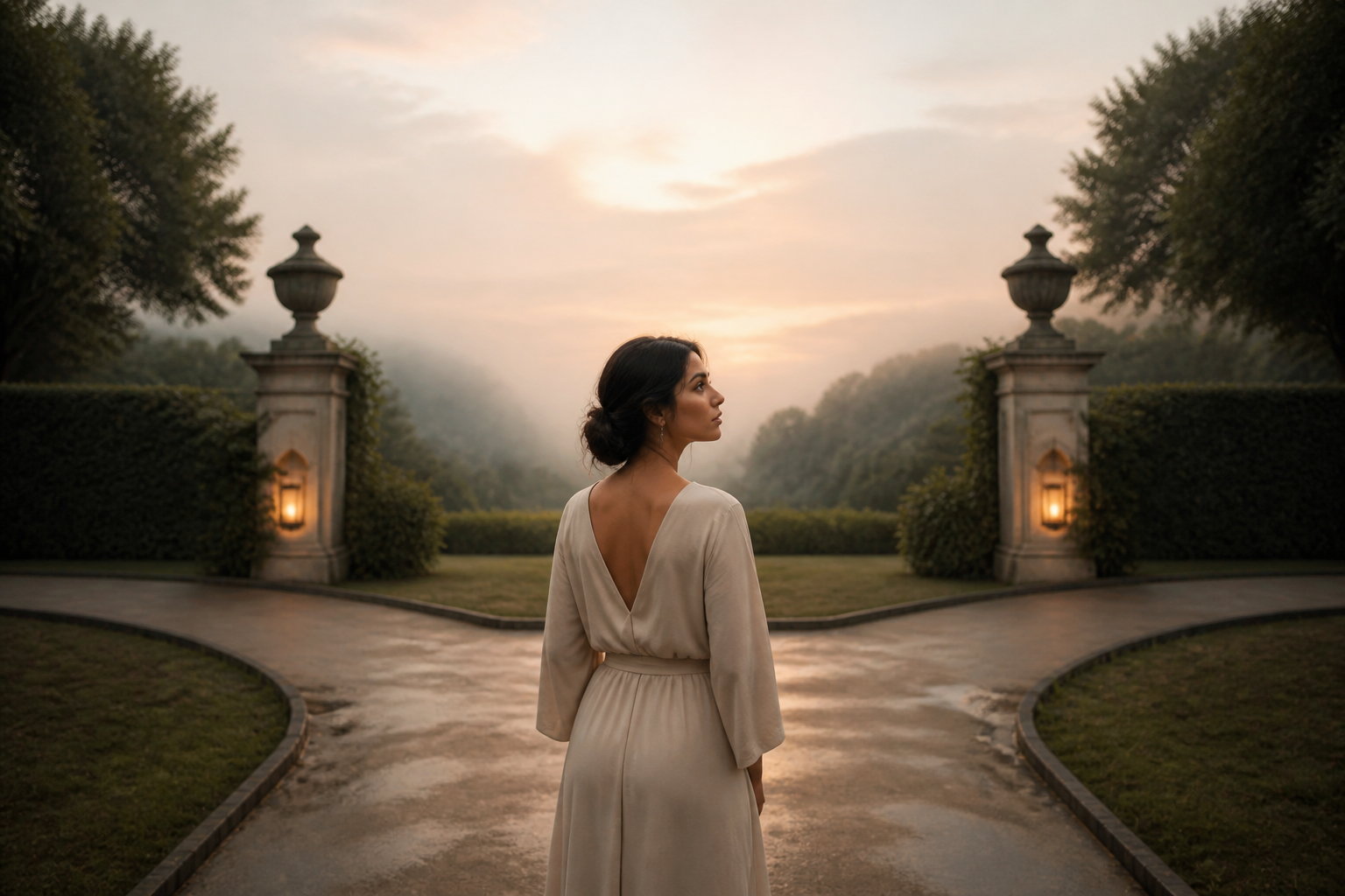 An elegant adult pauses thoughtfully between two softly reflected paths, symbolizing patience and balance in love.