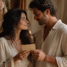 Two adults share a tender moment while holding a handwritten love note.