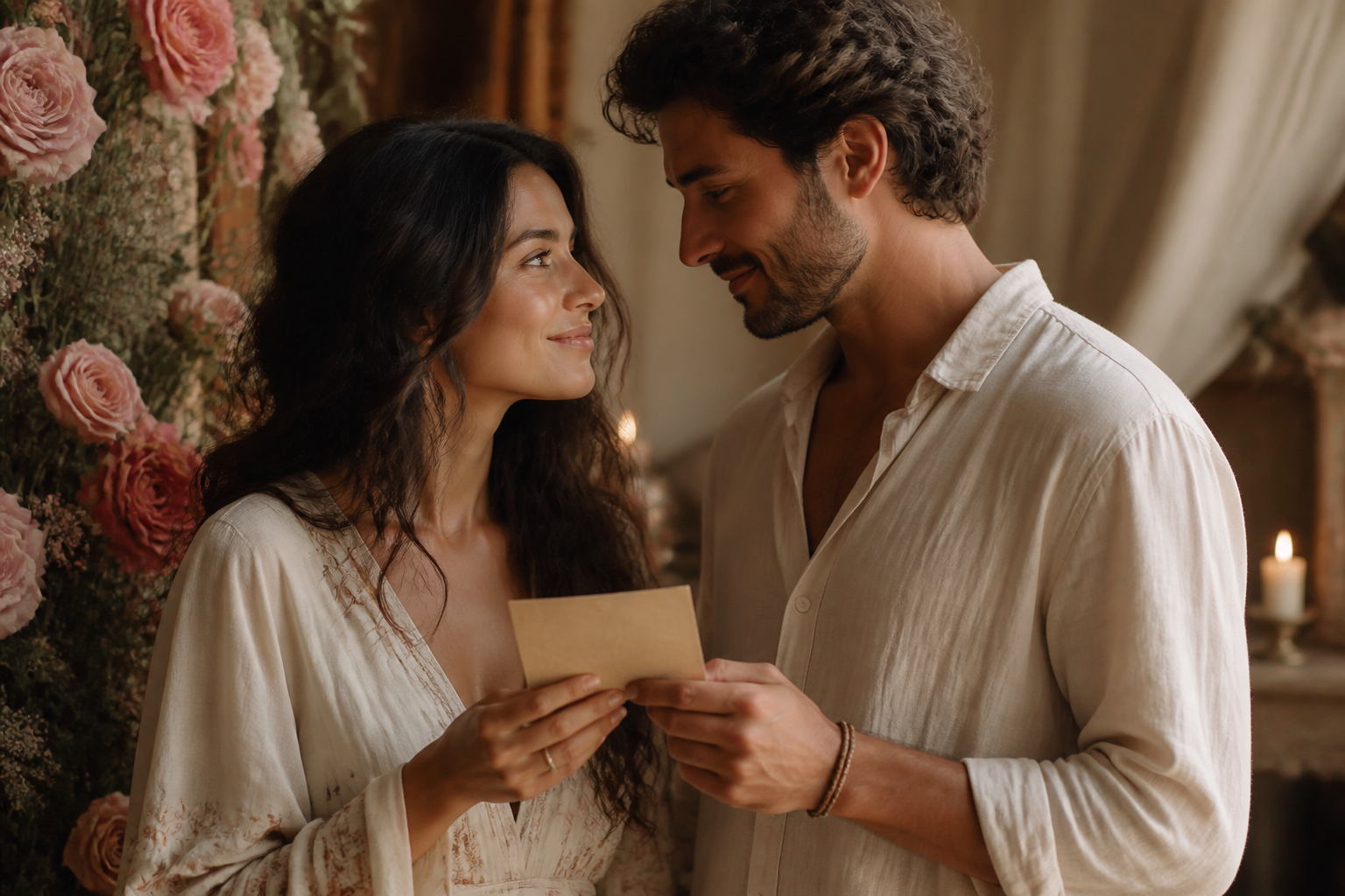 Two adults share a tender moment while holding a handwritten love note.