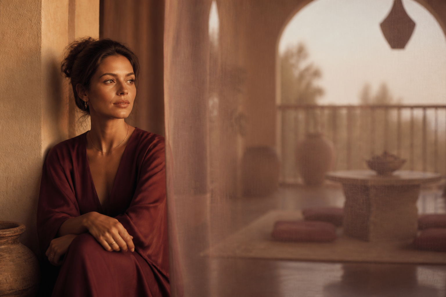 Confident woman standing calmly beside a translucent threshold, symbolizing self-trust and healthy boundaries.