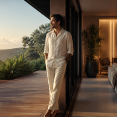 An adult standing thoughtfully between two spaces, symbolizing stable foundations and intentional choices.