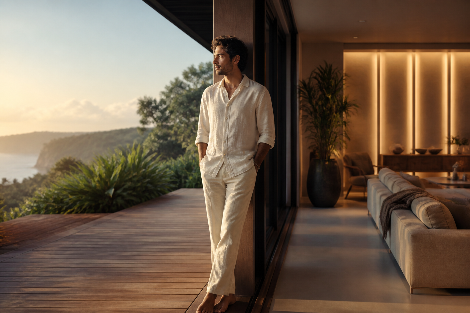 An adult standing thoughtfully between two spaces, symbolizing stable foundations and intentional choices.