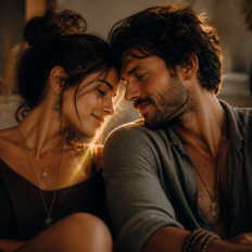 Two adults sharing a tender, trusting moment that suggests a deeply meaningful romantic connection.