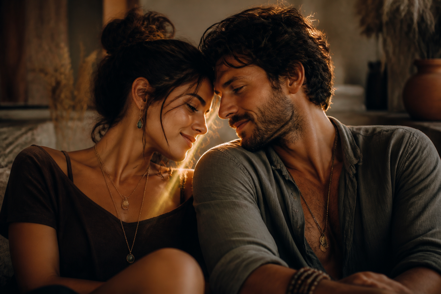 Two adults sharing a tender, trusting moment that suggests a deeply meaningful romantic connection.