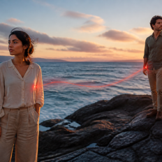 Two adults connected by a delicate glowing red thread, symbolizing meaningful love and personal freedom.